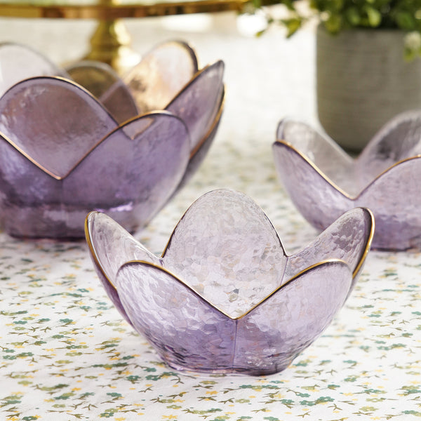 Purple Hammered Floral Glass Bowl with Gold Rim - Small