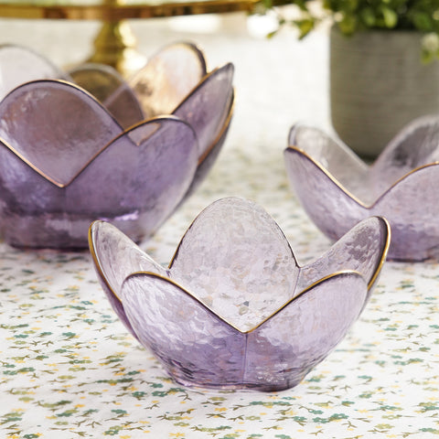 Purple Hammered Floral Glass Bowl with Gold Rim - Small