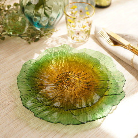 Set Of 2 Green & Yellow Floral Shaped Dessert Plates