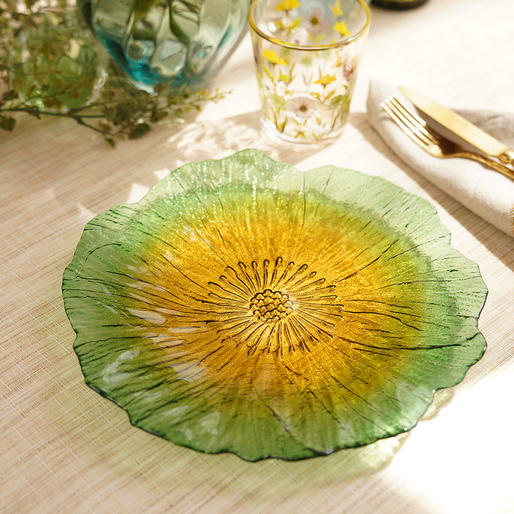 Set Of 2 Green & Yellow Floral Shaped Glass Dinner Plates