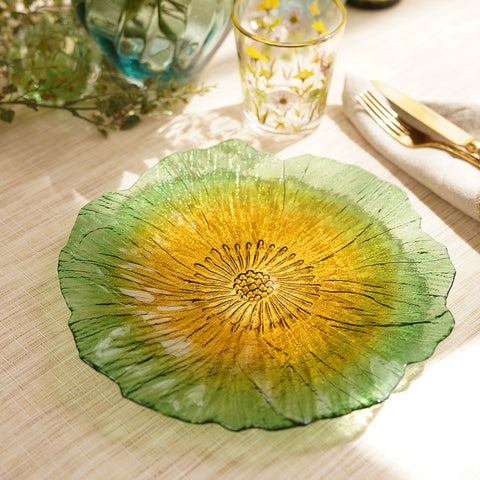 Set Of 2 Green & Yellow Floral Shaped Glass Dinner Plates