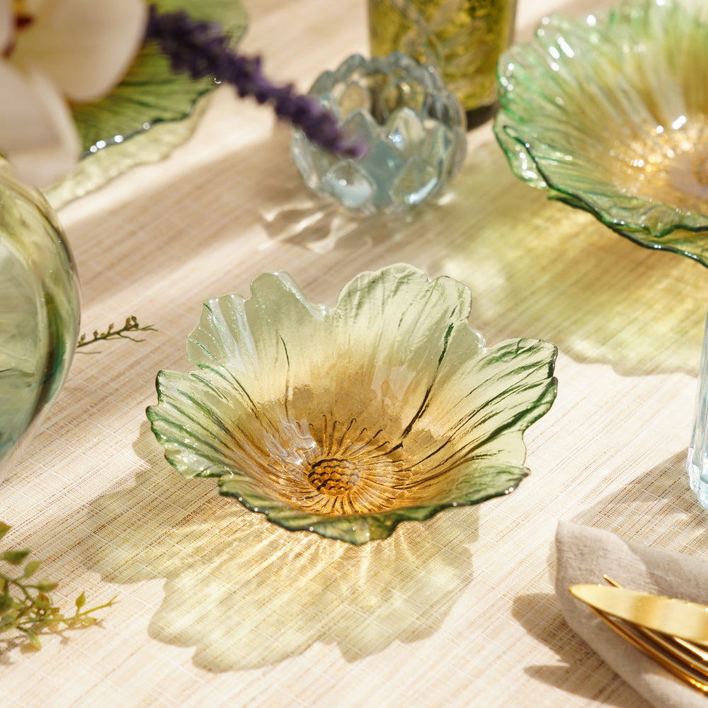 Set of 2 Green and Yellow Floral Shaped Small Glass Bowls