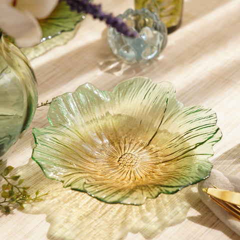 Set of 2 Green and Yellow Floral Shaped Side Glass Bowls