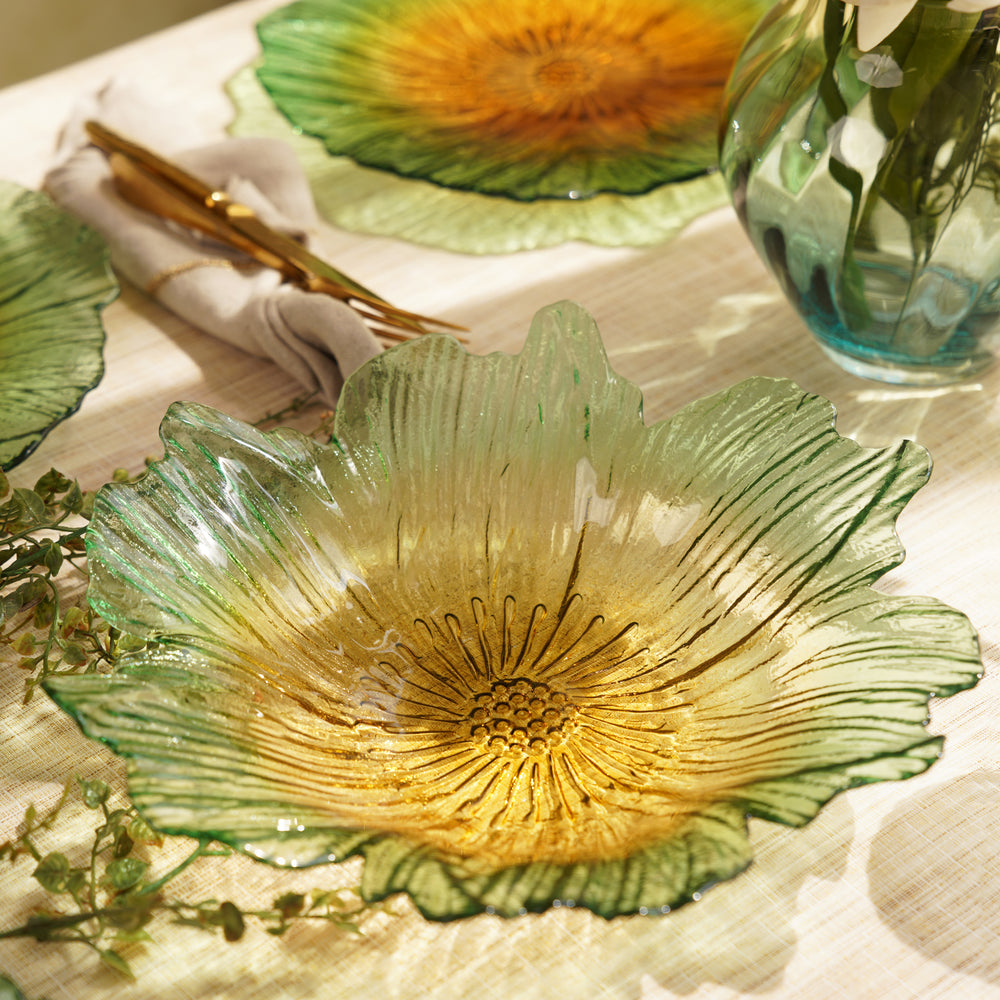 Green and Yellow Floral Shaped Glass Serving Bowl