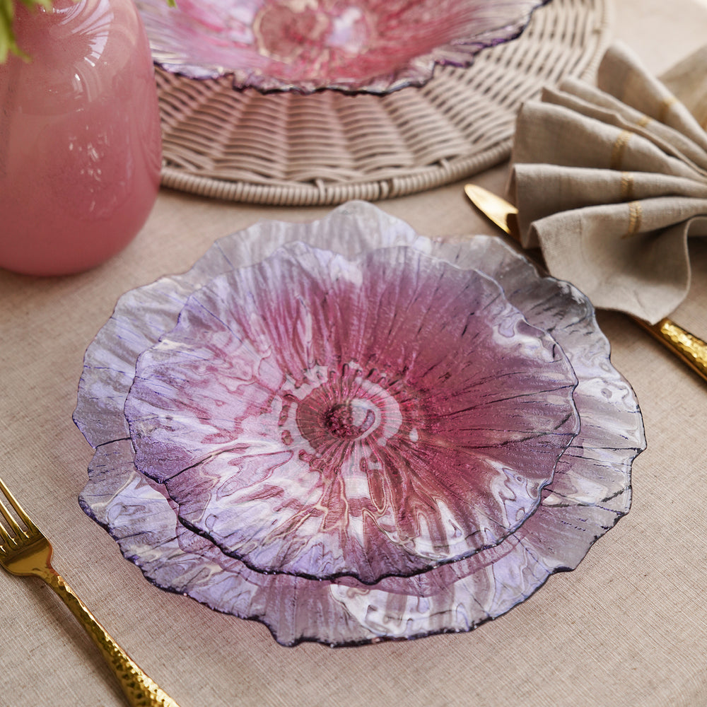 Set Of 2 Pink & Purple Floral Shaped Glass Dessert Plates