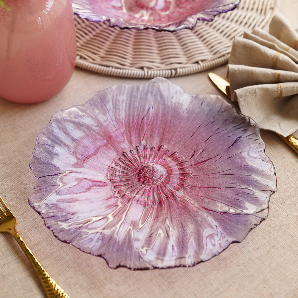 Set of 2 Pink and Purple Floral Shaped Glass Dinner Plates
