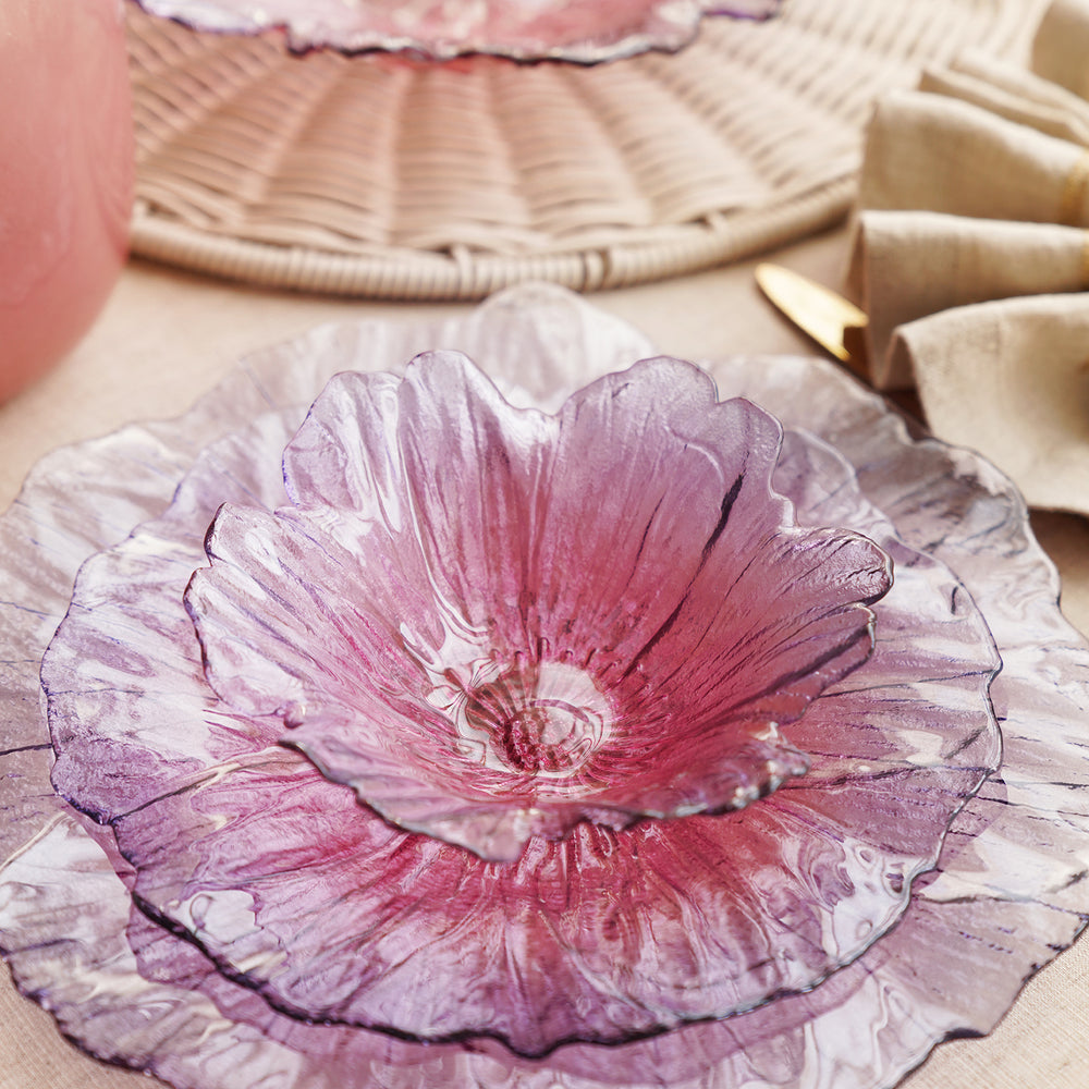 Set of 2 Pink and Purple Floral Shaped Small Glass Bowls