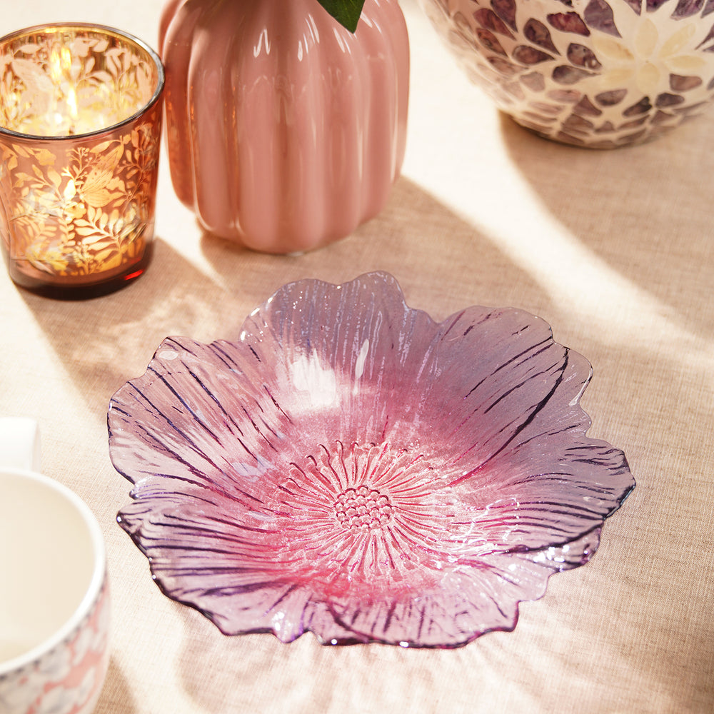 Set of 2 Pink and Purple Floral Shaped Side Glass Bowls