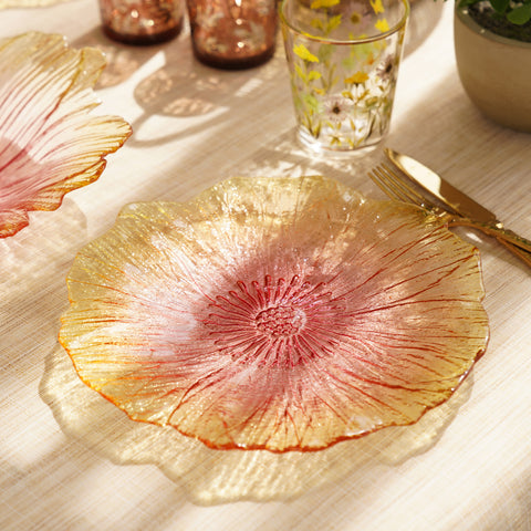 Set of 2 Yellow and Pink Floral Shaped Glass Dinner Plates