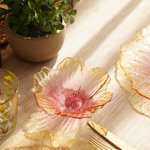 Set of 2 Yellow and Pink Floral Shaped Small Glass Bowls