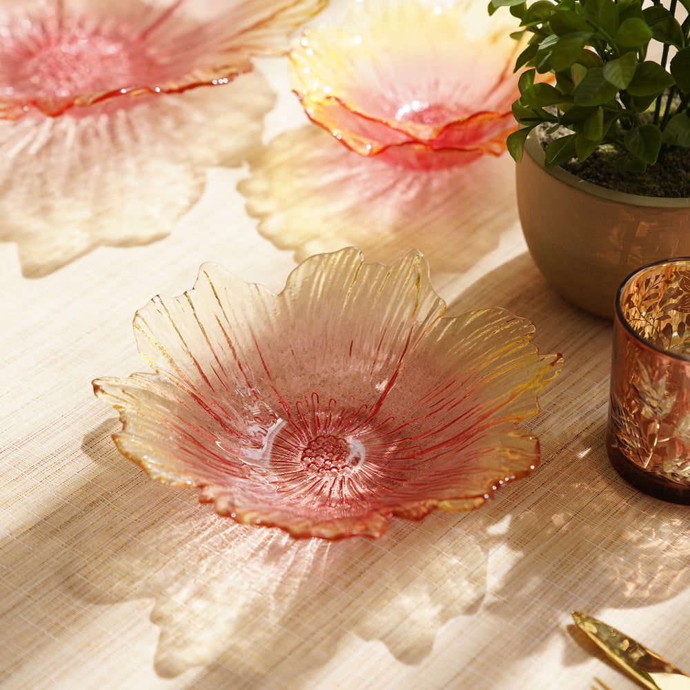 Set of 2 Yellow and Pink Floral Shaped Side Glass Bowls