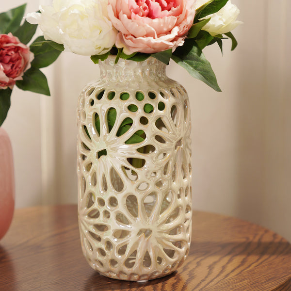 Ivory Floral Pattern Cut Out Ceramic Vase - Small