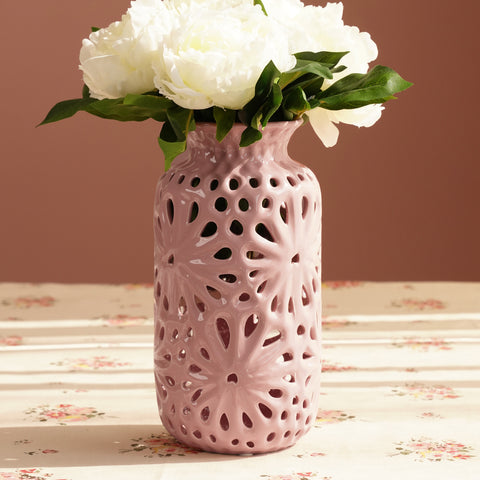 Pink Floral Pattern Cut Out Ceramic Vase - Small