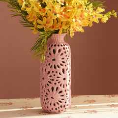 Pink Floral Pattern Cut Out Ceramic Vase - Large