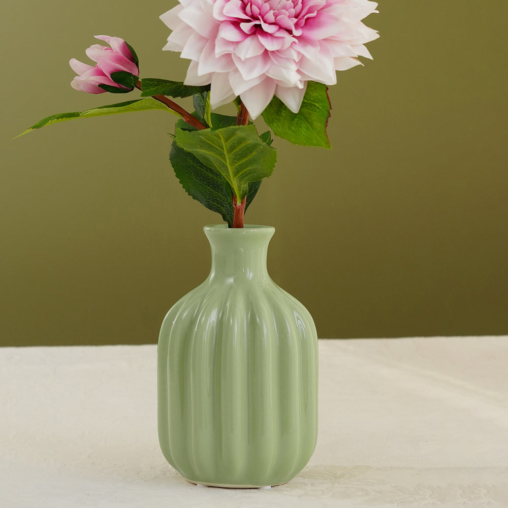 Green Ribbed Ceramic Vase - Small