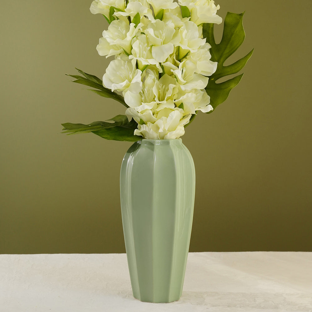 Green Ribbed Ceramic Vase - Large