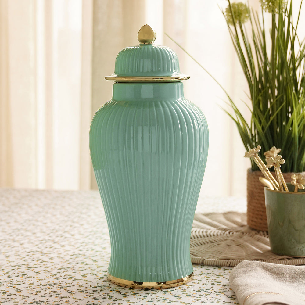 Light Blue Ribbed Ceramic Urn with Lid - Small