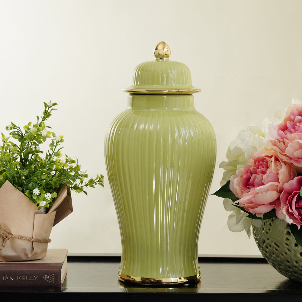 Light Green Ribbed Ceramic Urn with Lid - Small