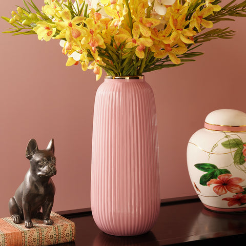 Light Pink Ribbed Ceramic Vase - Large