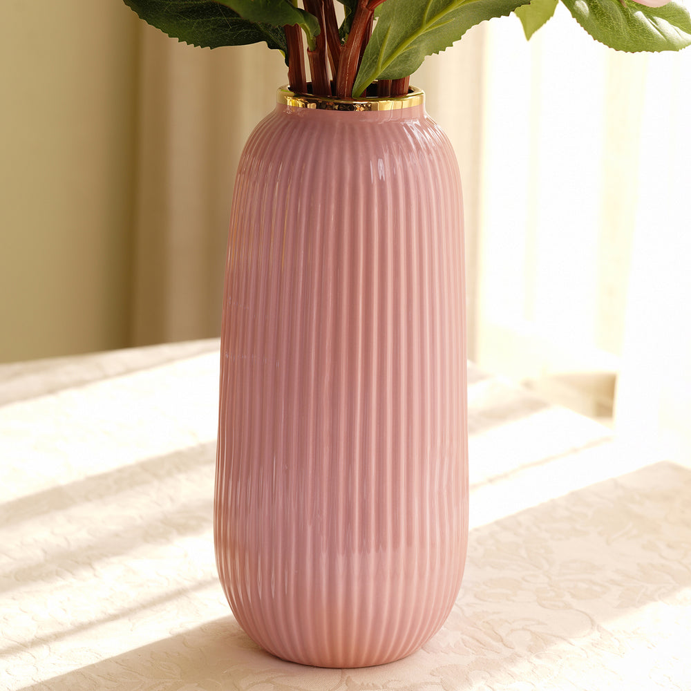 Light Pink Ribbed Ceramic Vase - Small