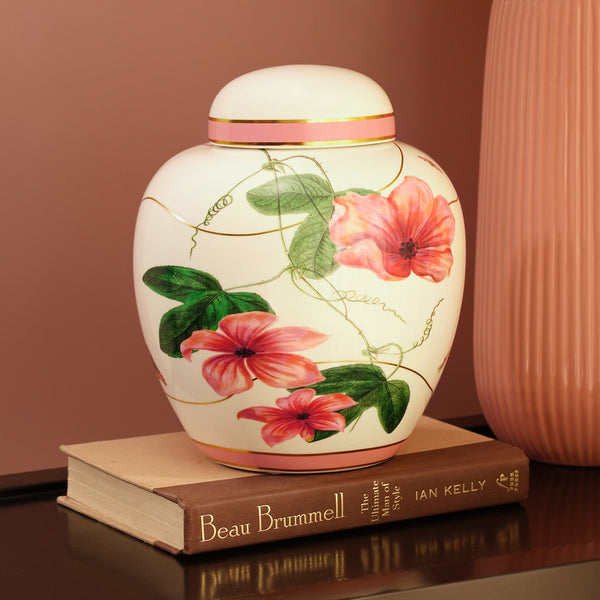 Pink and White Floral Print Convex Ceramic Canister with Lid - Small