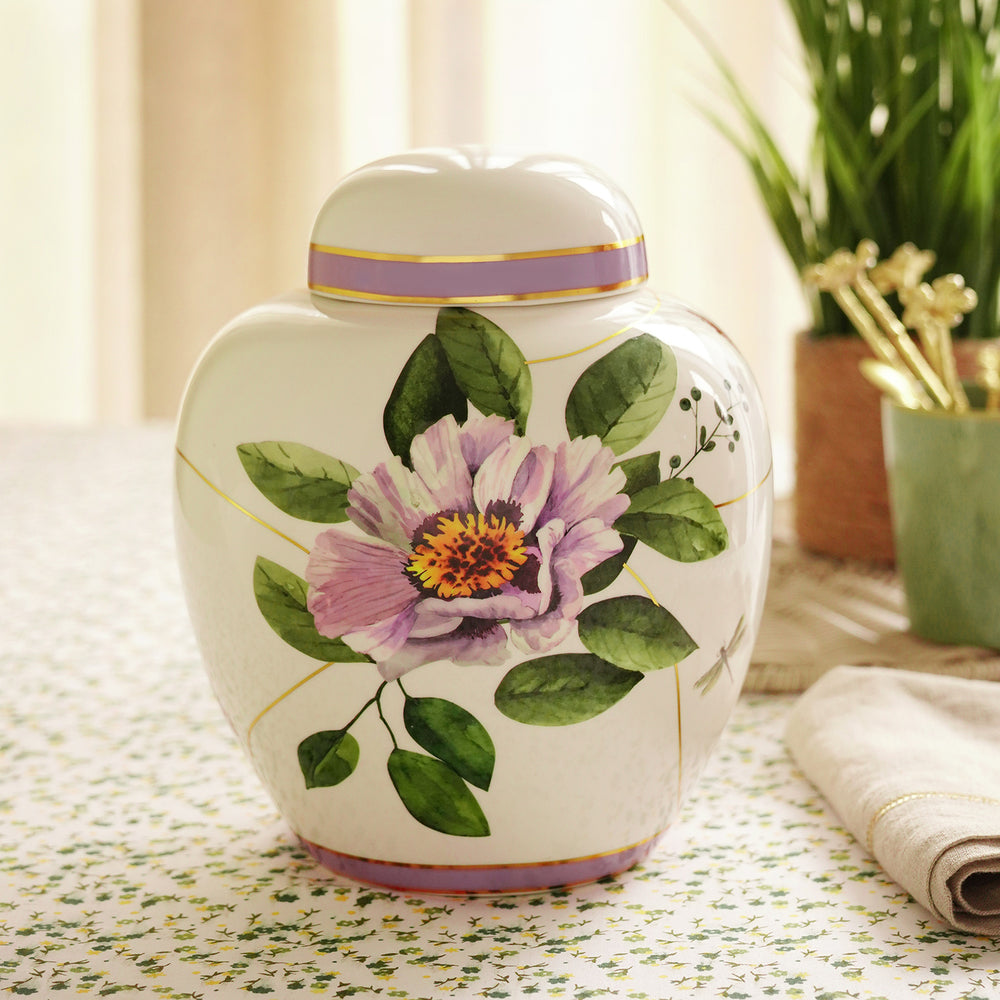Purple Floral Print Convex Ceramic Canister - Small