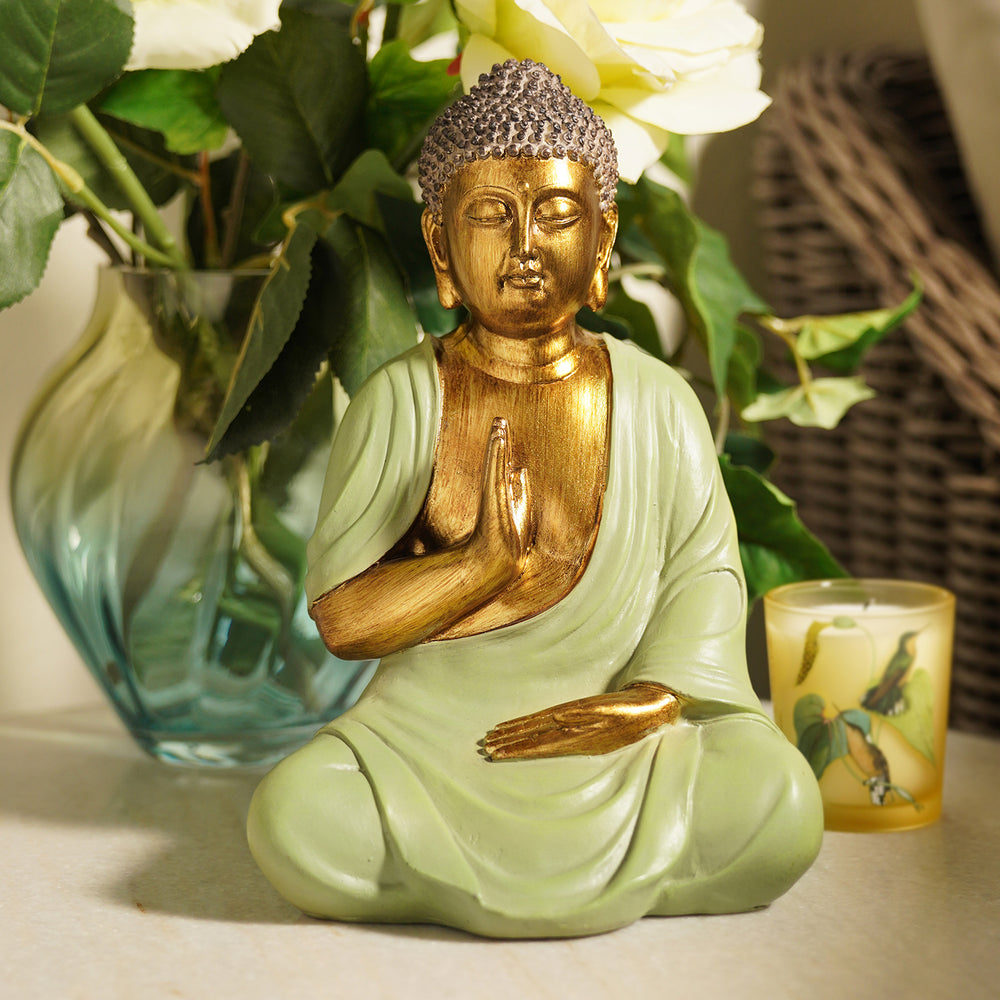 Green Antique Gold Polyresin Sitting Buddha - Medium