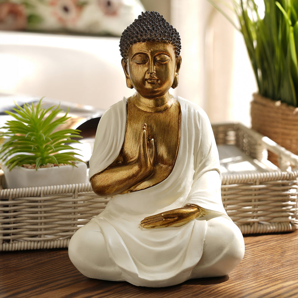 Ivory Antique Finish Polyresin Buddha Figurine - Medium