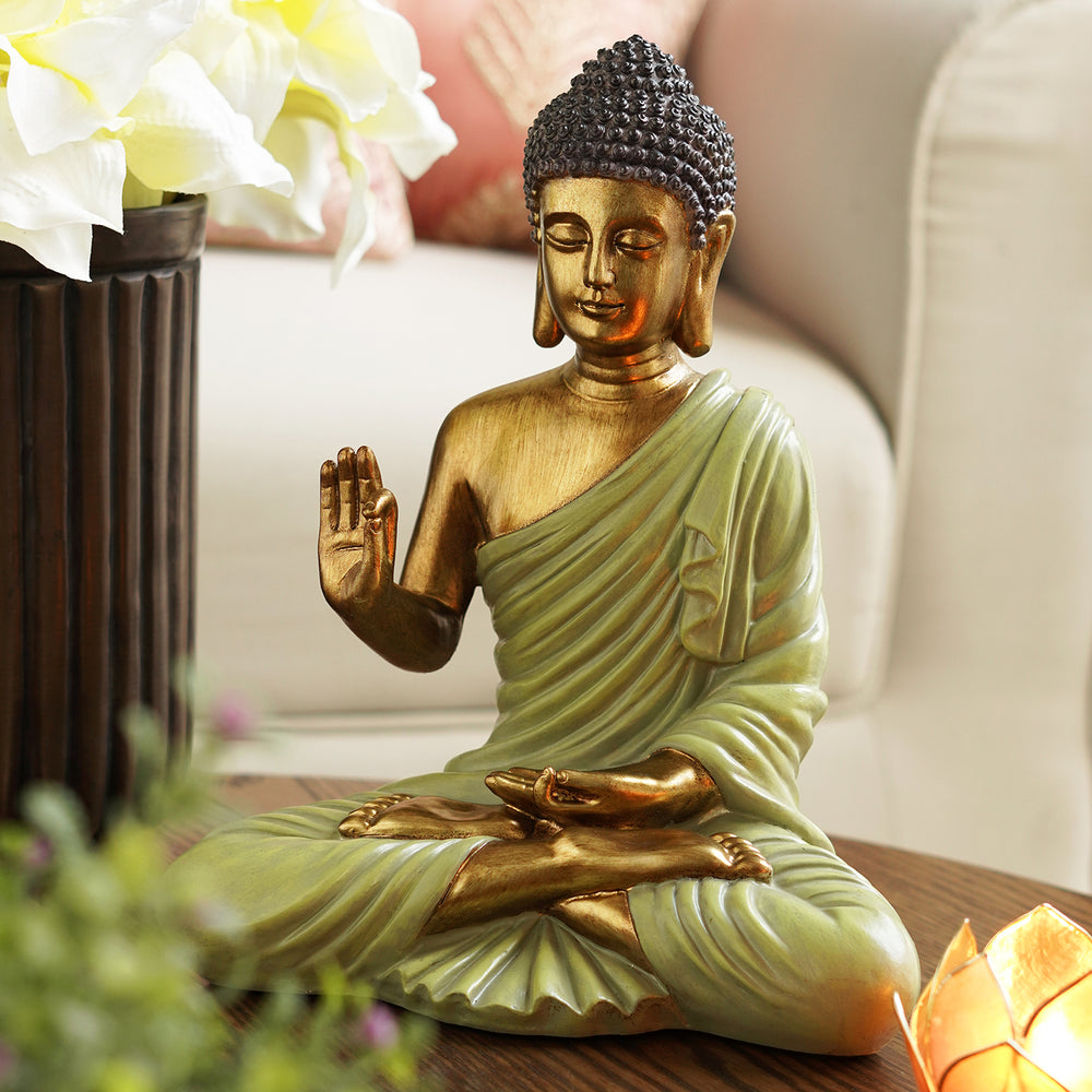Green Antique Finish Polyresin Sitting Buddha - Large