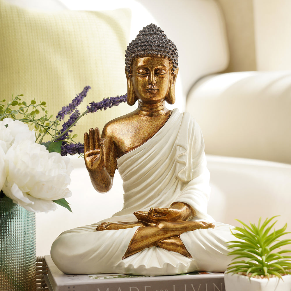 Ivory Antique Finish Polyresin Buddha Figurine - Large