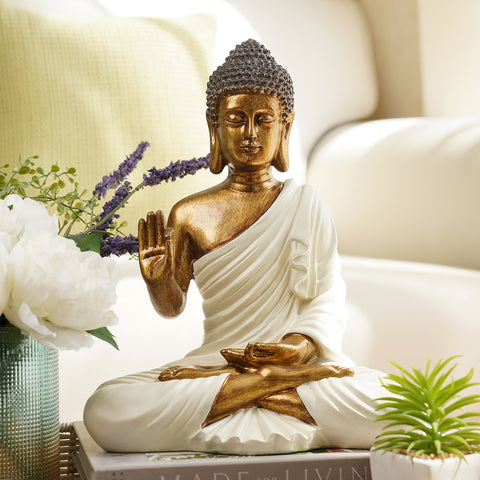 Ivory Antique Finish Polyresin Buddha Figurine - Large