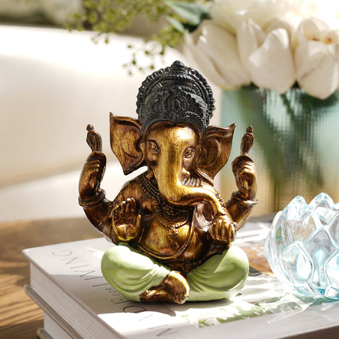 Green Antique Finish Polyresin Ganesha Figurine - Small