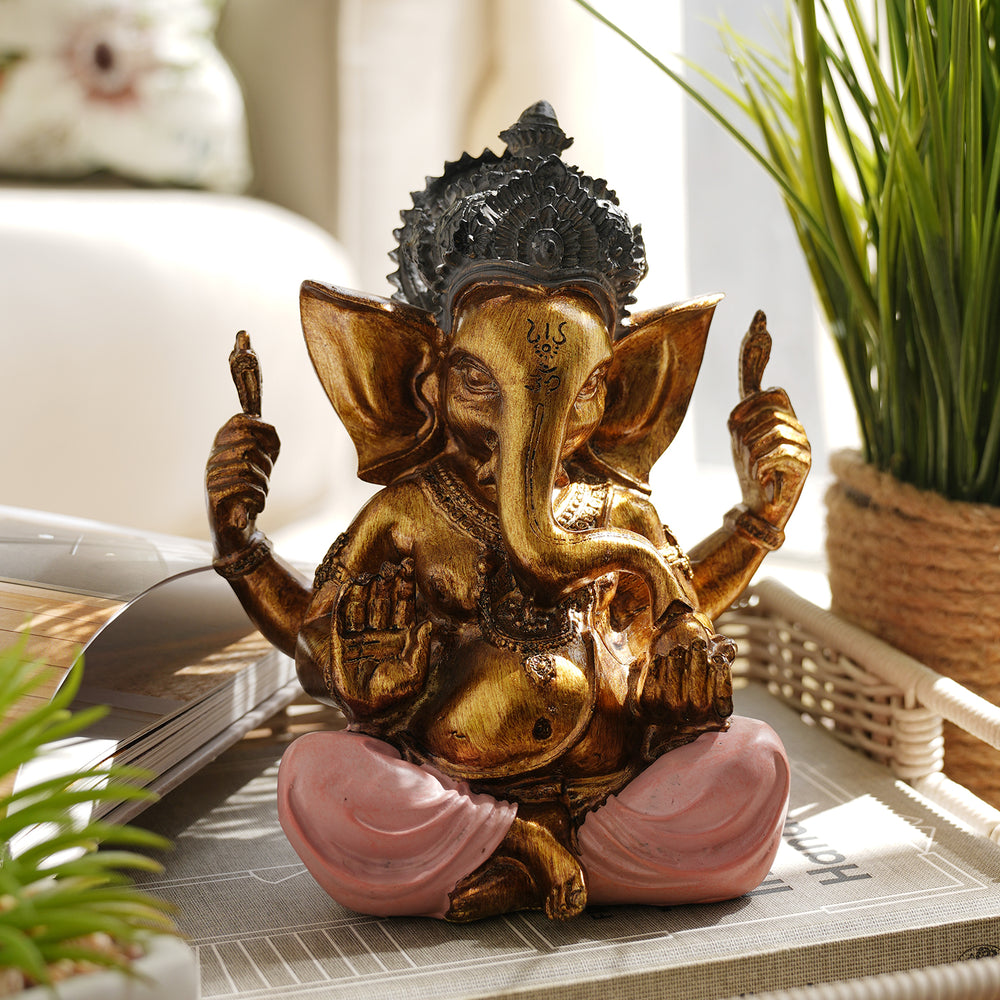 Pink Antique Finish Polyresin Ganesha Figurine - Medium