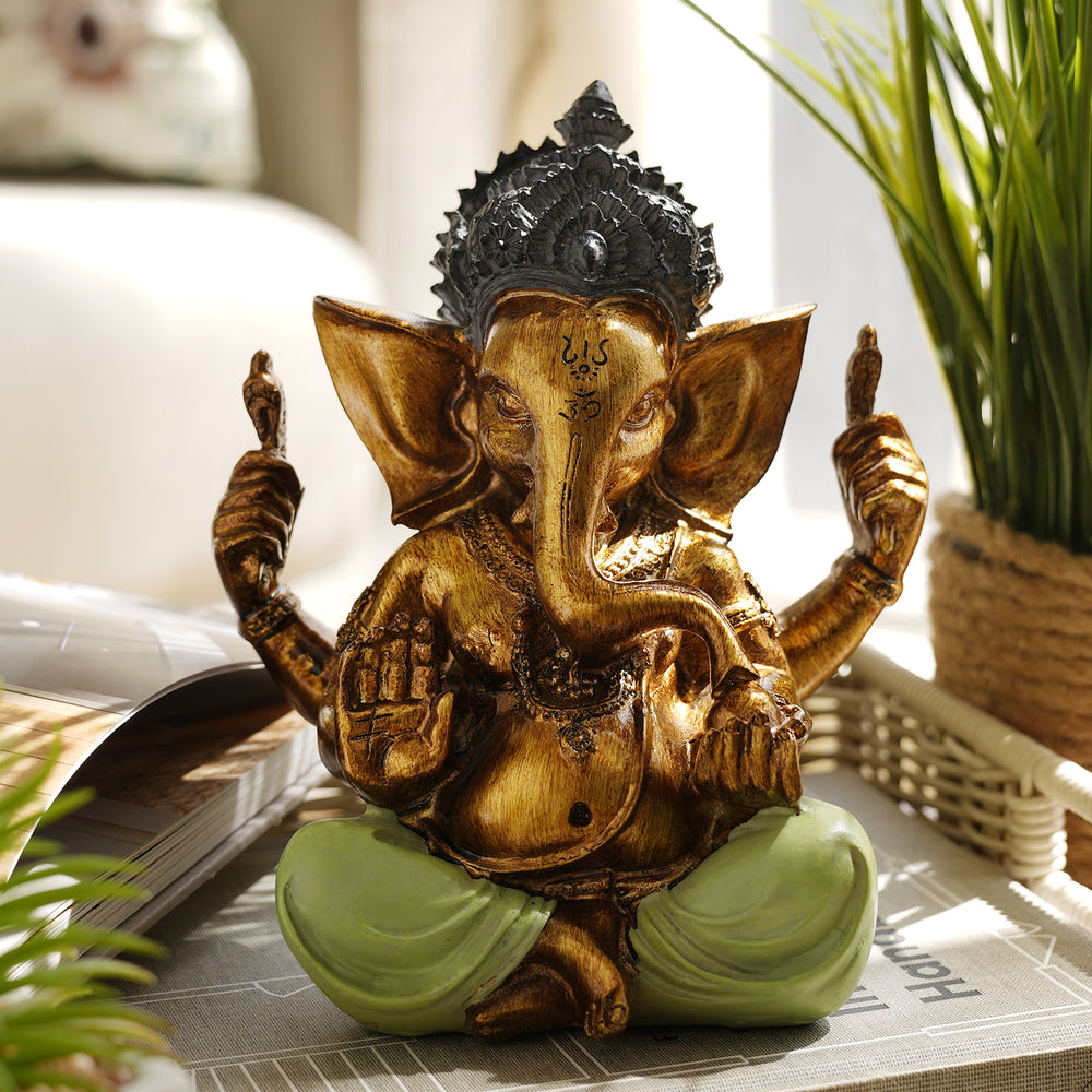 Green Antique Finish Polyresin Ganesha Figurine - Medium