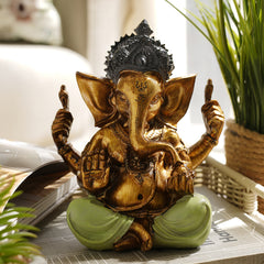 Green Antique Finish Polyresin Ganesha Figurine - Medium