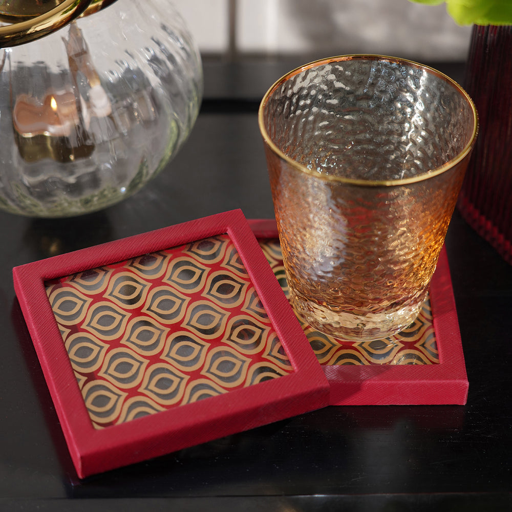 Set of 2 Red Glass Printed Faux Leather Coasters