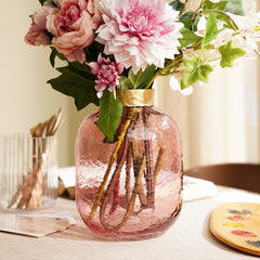 Pink Round Hammered Glass Vase with Gold Rim - Small