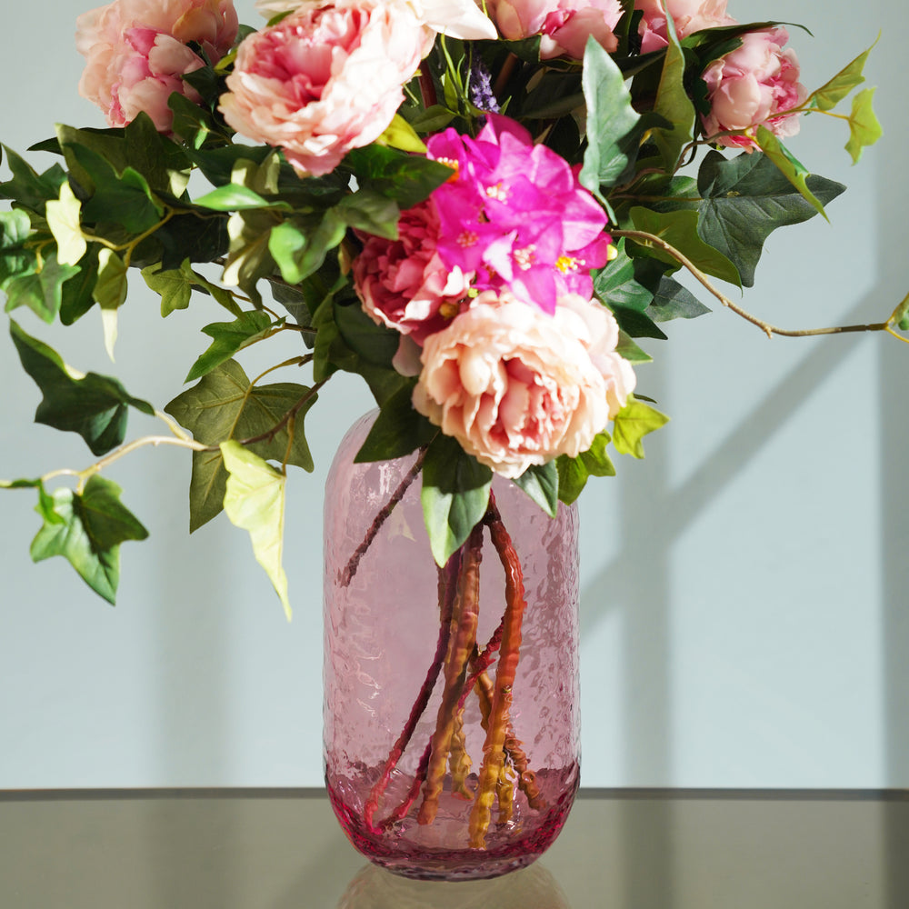 Pink Round Hammered Glass Vase with Gold Rim - Large