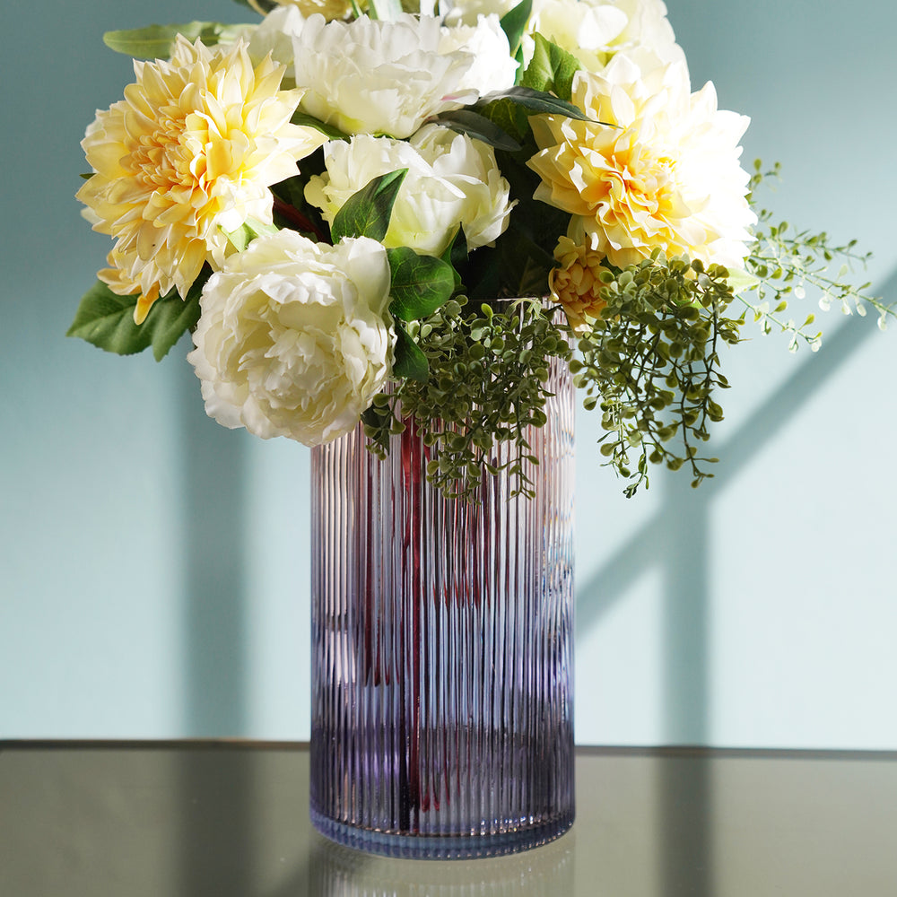 Purple and Pink Ombre Ribbed Straight Glass Vase - Large