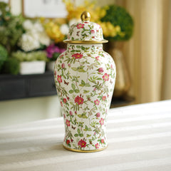 White Floral Print Ribbed Ceramic Urn with Lid - Large