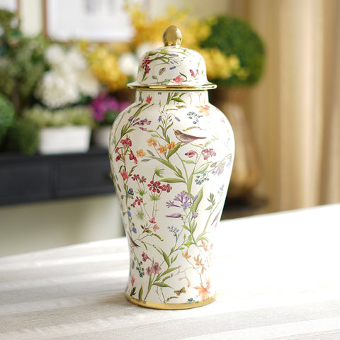 White Floral Print Ribbed Ceramic Urn with Lid - Large