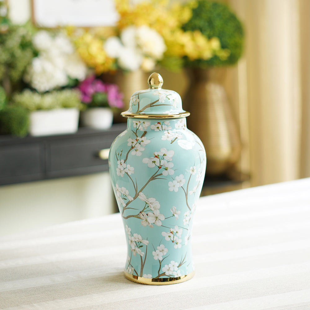 Blue and White Floral Print Ceramic Urn with Lid - Small