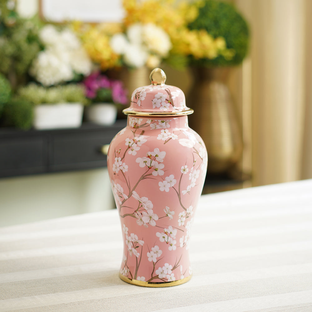Pink and White Floral Print Ceramic Urn with Lid - Small