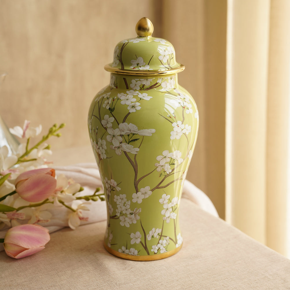 Green and White Floral Print Ceramic Urn with Lid - Small