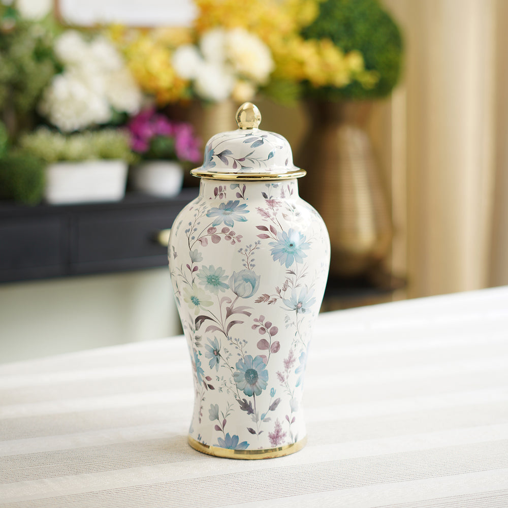 White and Blue Floral Print Ceramic Urn with Lid - Small
