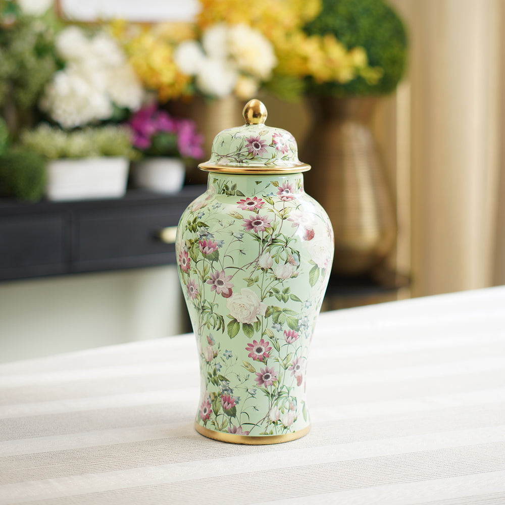 Green Floral Print Ceramic Urn with Lid - Small