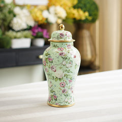 Green Floral Print Ceramic Urn with Lid - Small