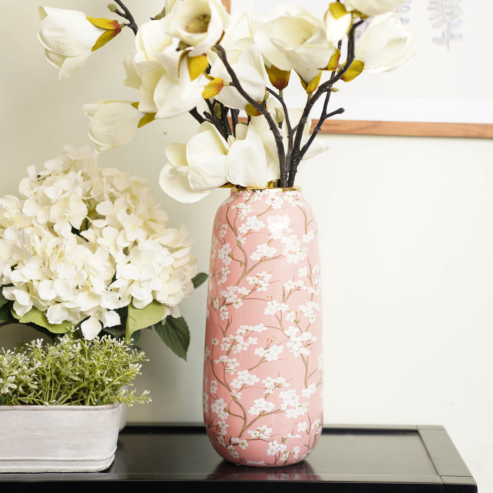 Pink and White Floral Print Ceramic Vase - Large