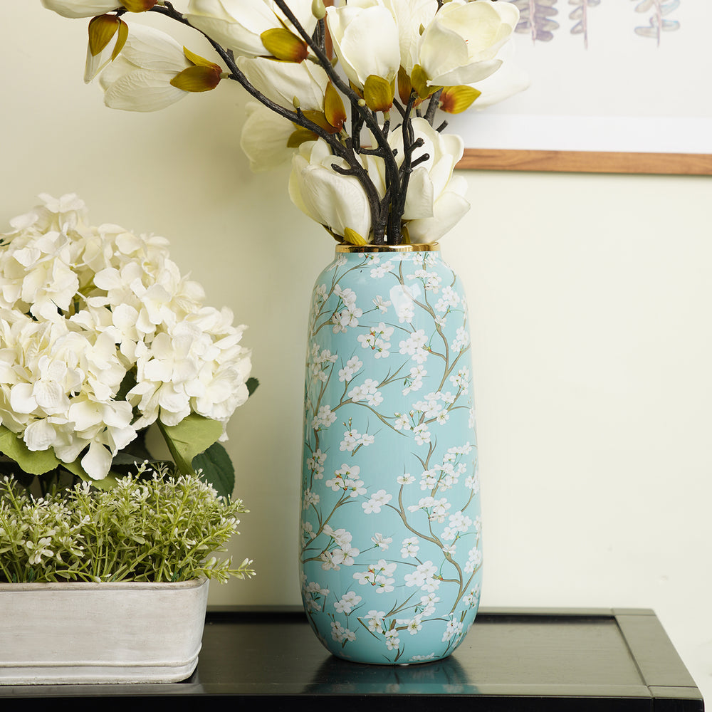 Blue and White Floral Print Ceramic Vase - Large