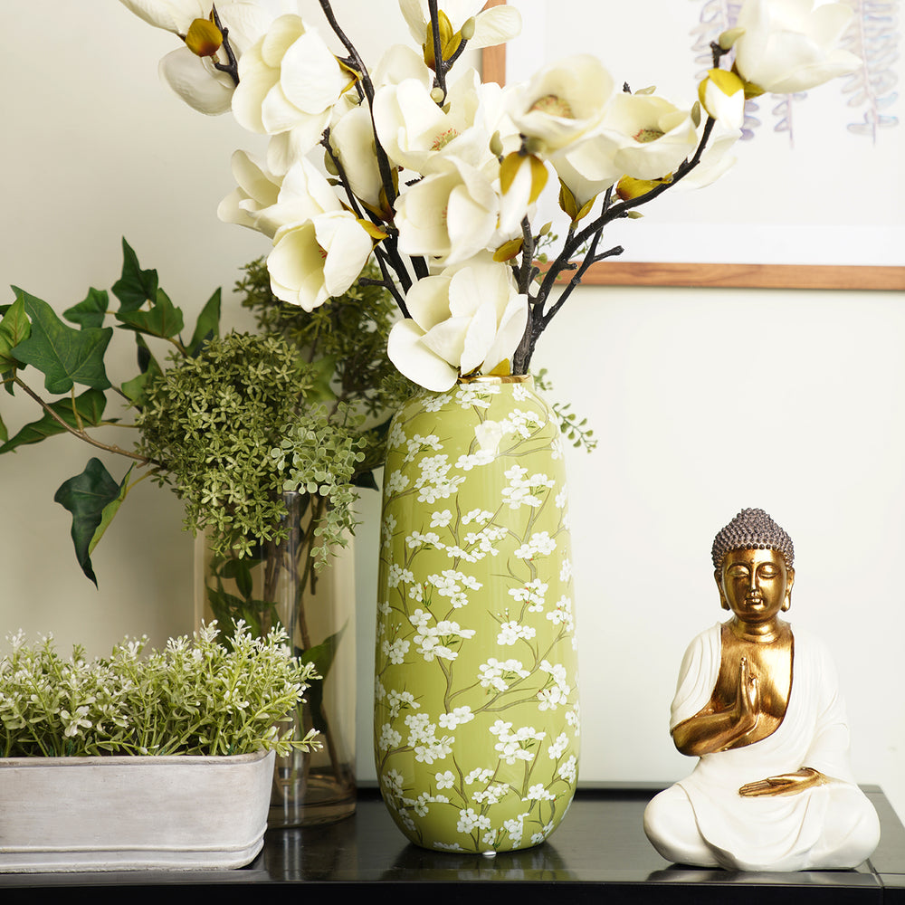 Green and White Floral Print Ceramic Vase - Large